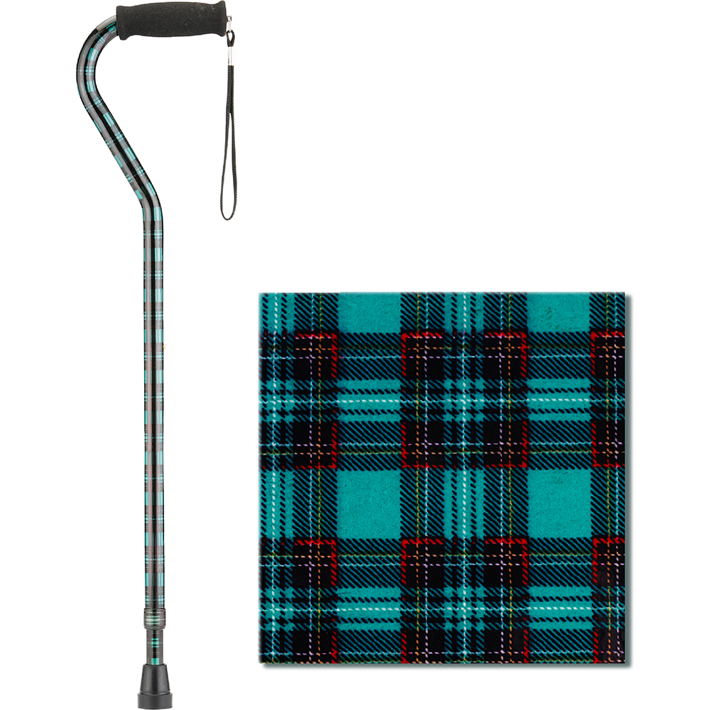 Cane with Offset Handle, Green Plaid with Swatch